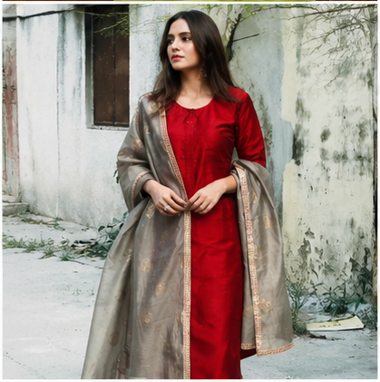 Ruby Crimson Kataan Silk Straight Suit with Jacquard Organza Dupatta