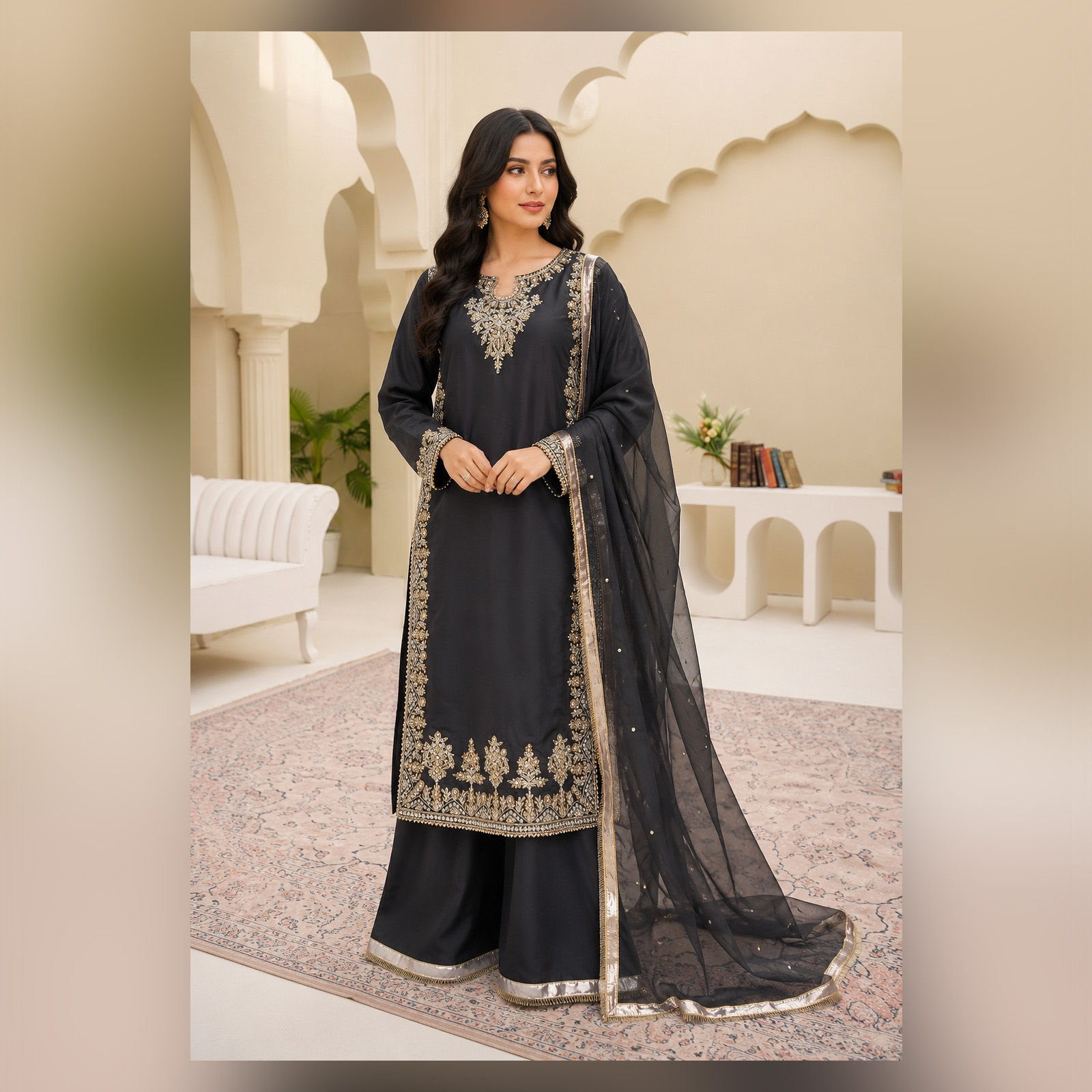 Midnight Black Kataan Silk Stitched Dress – 3 Piece
