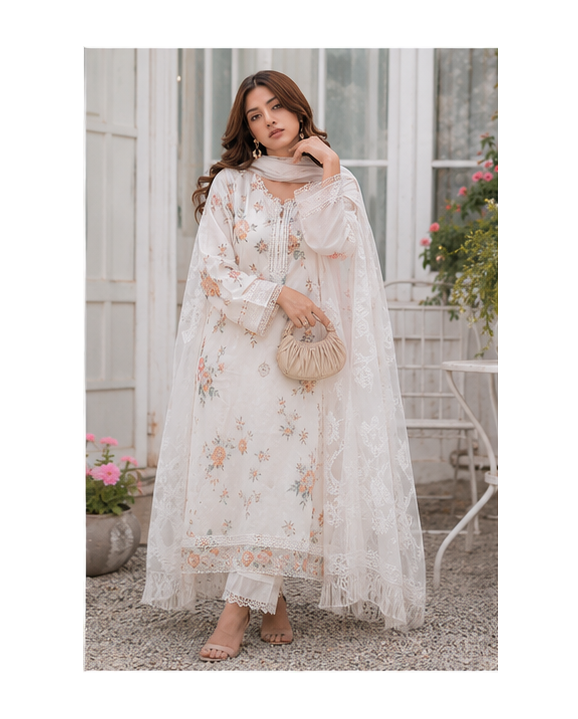 Blush Ivory Floral Embroidered Lawn Suit with Lace Dupatta