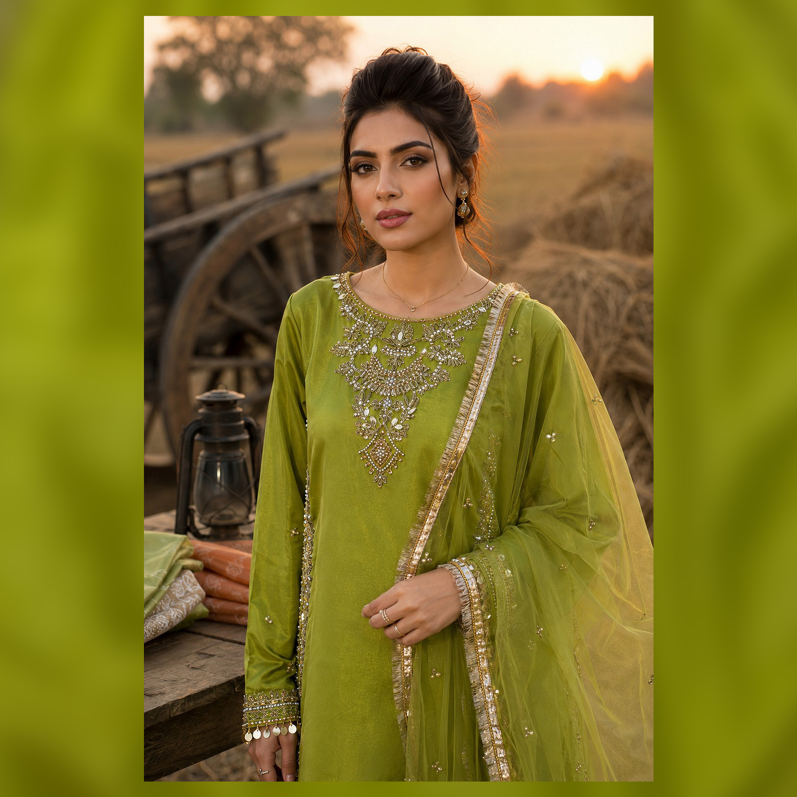 Lime Green Kataan Silk Stitched Dress - 3 Piece