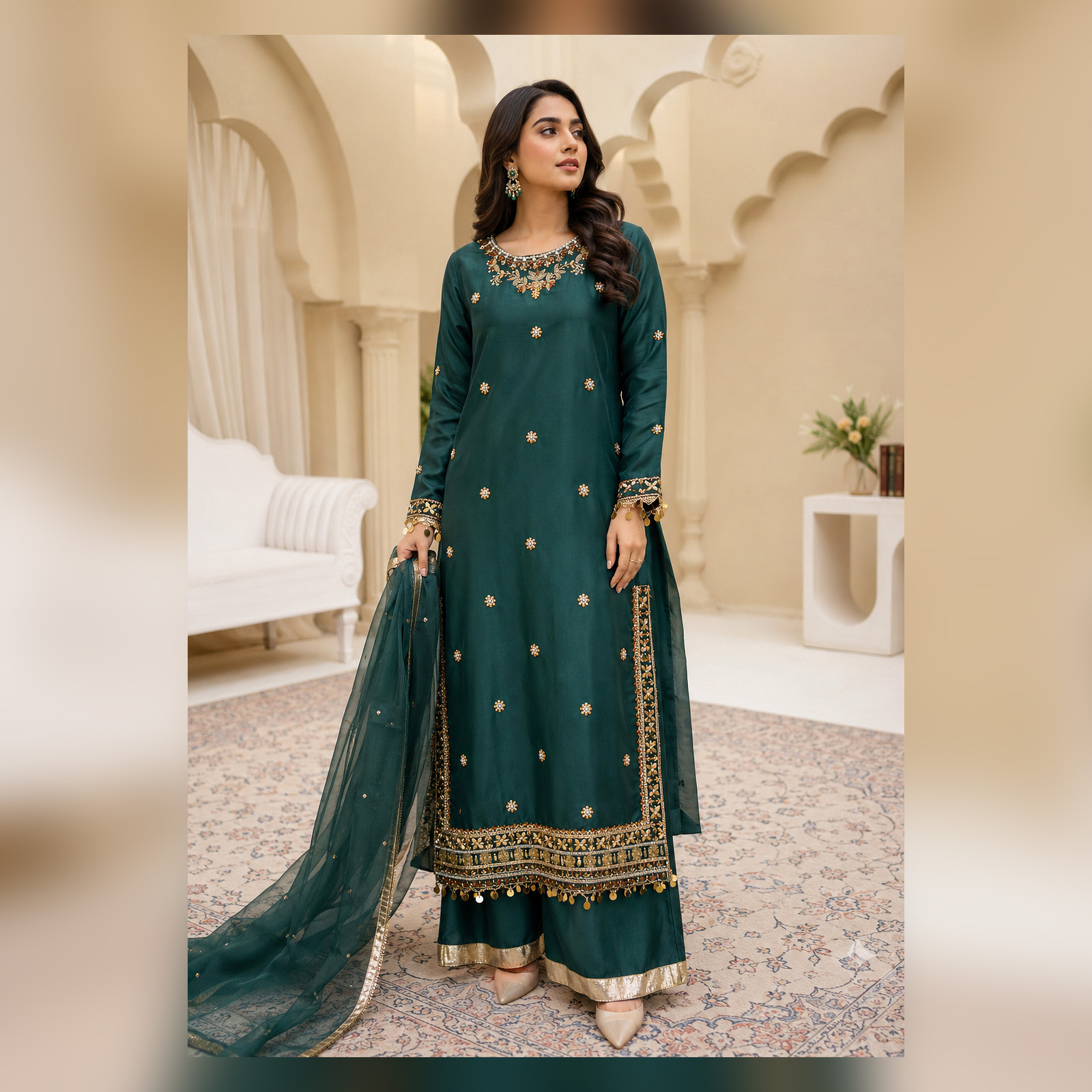 Emerald Green Kataan Silk Stitched Dress - 3 Piece