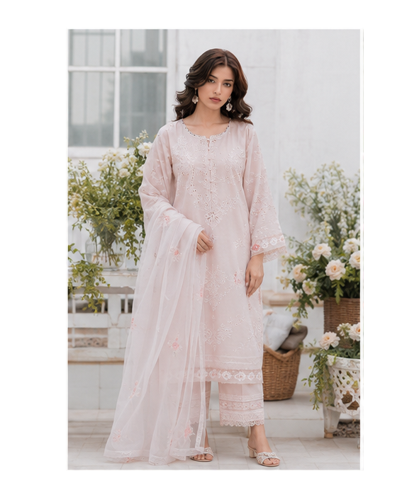 🎀Rose Quartz Embroidered Lawn Suit with Organza Dupatta