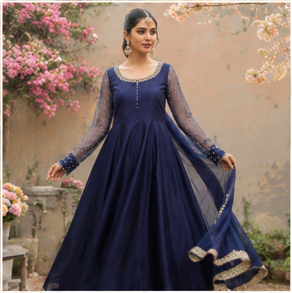 Sapphire Blue Kataan Silk Flowing Maxi with Embellished Net Sleeves