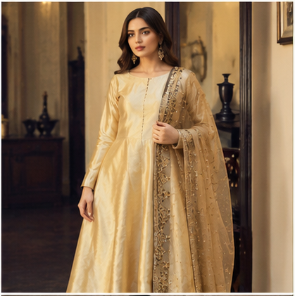 Ivory Pearl Kataan Silk Long Maxi with Embroidered Organza Dupatta