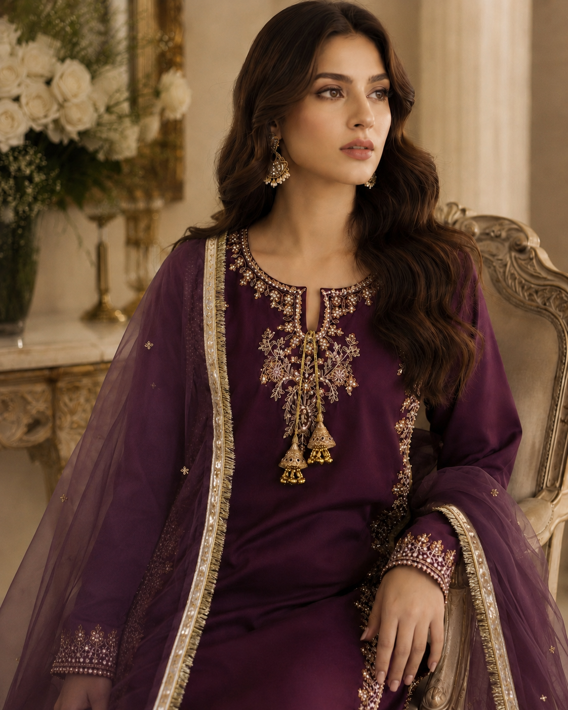 Royal Plum Kataan Silk Stitched Dress - 3 Piece