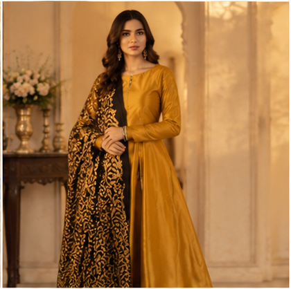 Zarbaft Mustard Kataan Silk Straight Shirt with Printed Shawl & Silk Trouser